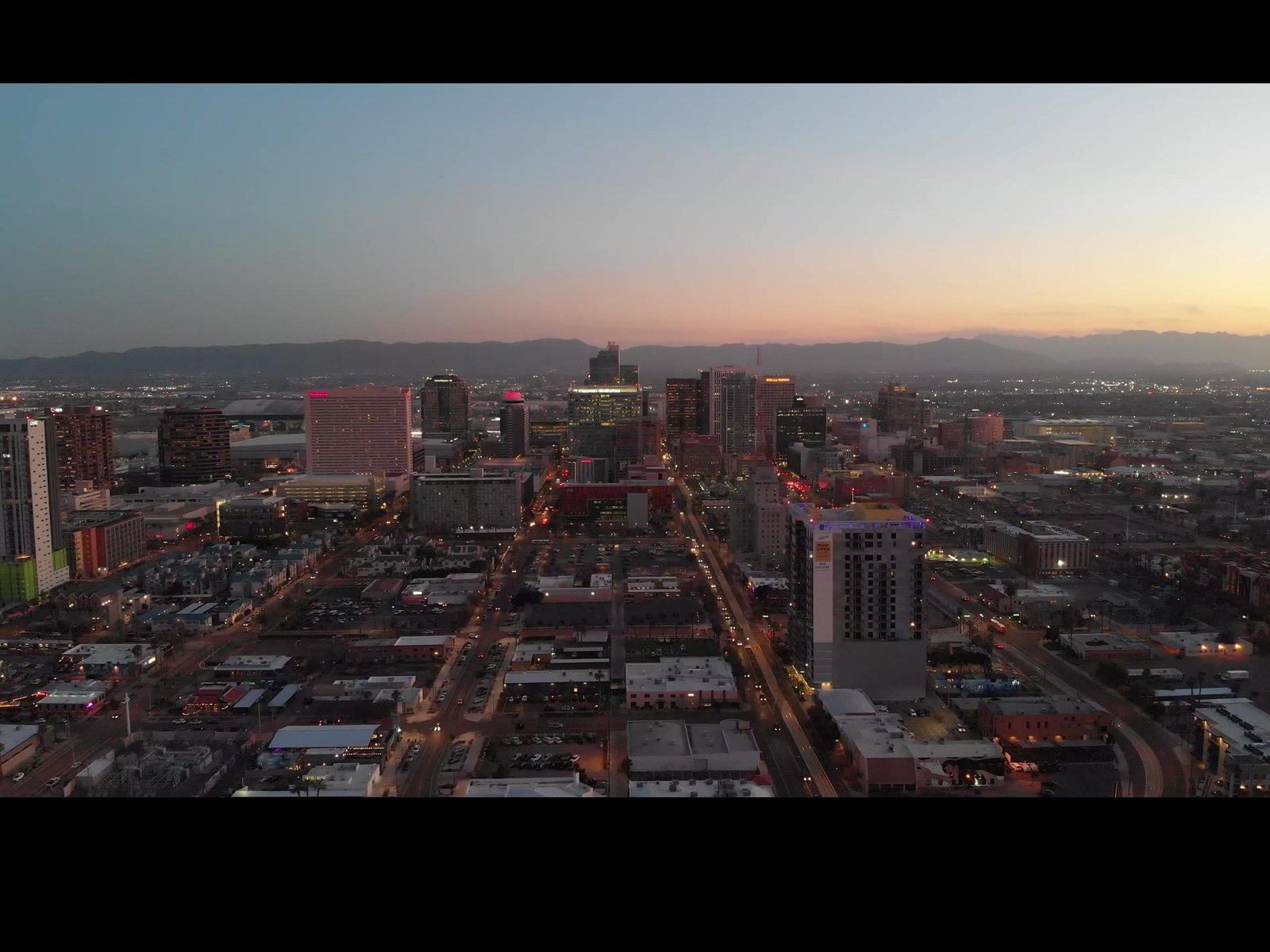 Aerial view over Phoenix at dusk